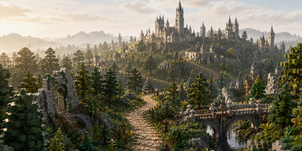 A wide brick-built landscape with a gothic castle, forest, stone path and arched bridge in warm morning light.