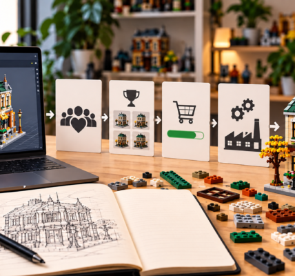 A design workspace with a laptop showing a digital brick model, process cards for community support, crowdfunding and production, and a finished model on the right.