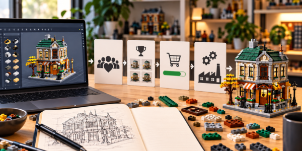 A design workspace with a laptop showing a digital brick model, process cards for community support, crowdfunding and production, and a finished model on the right.