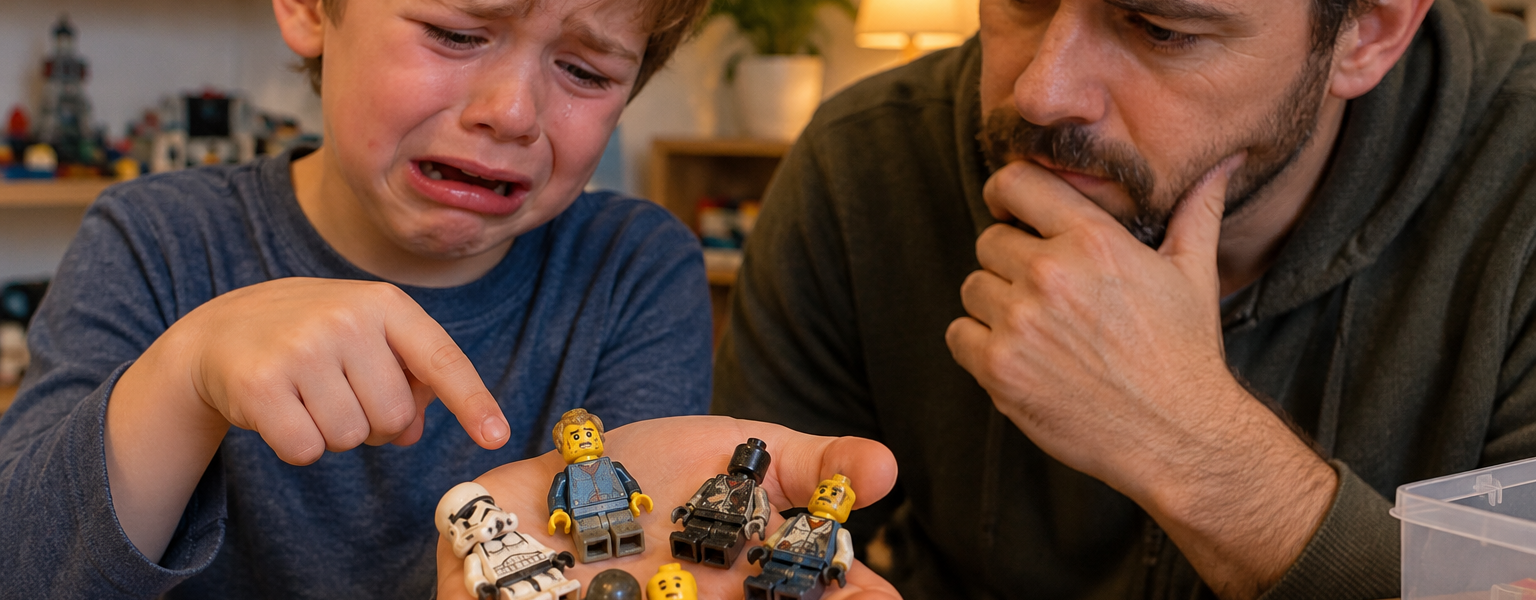A tearful child shows a parent several damaged minifigures resting on an open palm at a table covered with bricks.