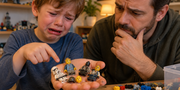 A tearful child shows a parent several damaged minifigures resting on an open palm at a table covered with bricks.