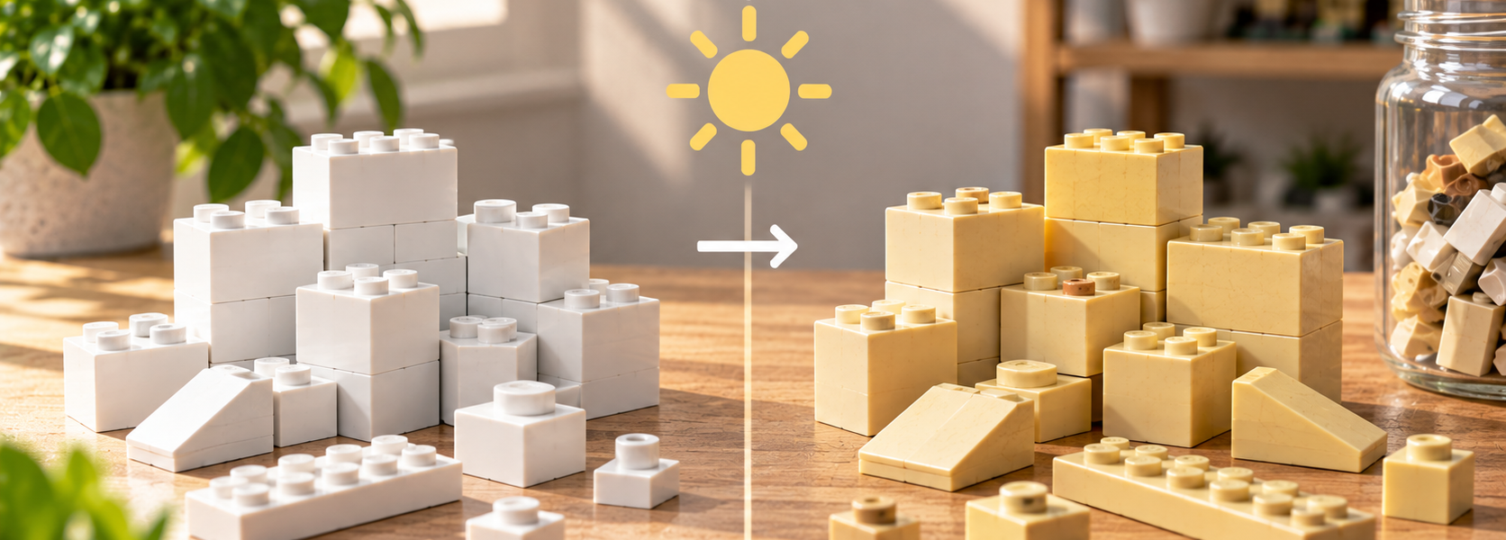 A side-by-side comparison of white building bricks and yellowed aged pieces, divided by a sun symbol and arrow illustrating light-related material aging.