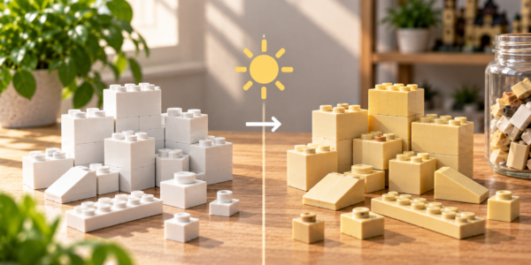 A side-by-side comparison of white building bricks and yellowed aged pieces, divided by a sun symbol and arrow illustrating light-related material aging.