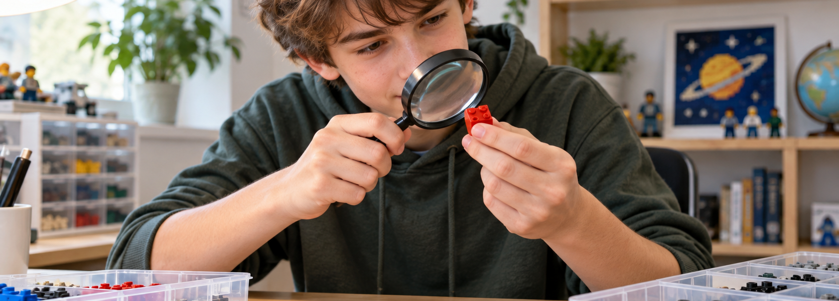 A young hobbyist examines a red construction brick through a magnifying glass at a table with sorted parts.