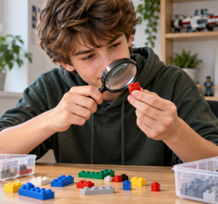 A young hobbyist examines a red construction brick through a magnifying glass at a table with sorted parts.