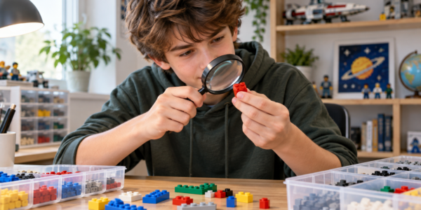 A young hobbyist examines a red construction brick through a magnifying glass at a table with sorted parts.