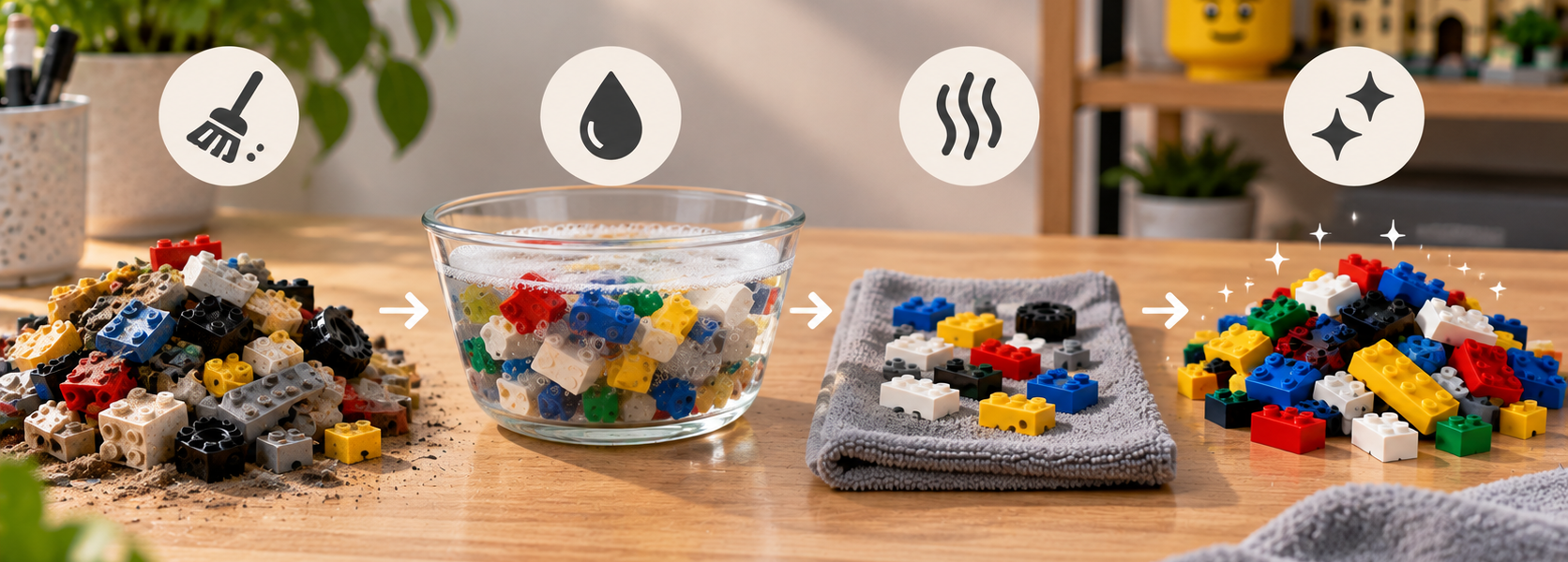 An incomplete used brick-built model and loose parts on the left, with a neatly completed model, sorted parts, minifigure and instructions on the right, connected by a check symbol.