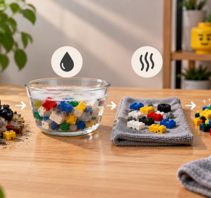 An incomplete used brick-built model and loose parts on the left, with a neatly completed model, sorted parts, minifigure and instructions on the right, connected by a check symbol.