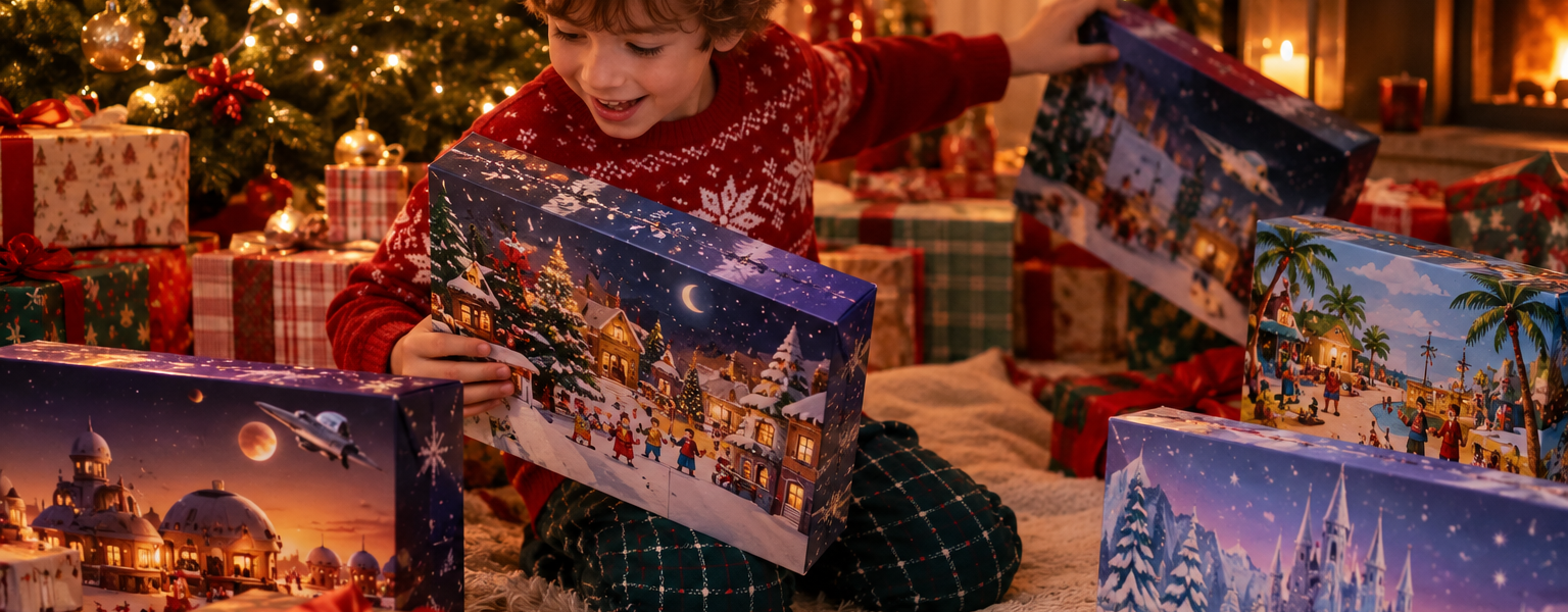 A child kneels under a decorated Christmas tree surrounded by many fictional Advent calendar boxes, comparing them in a warm festive room.