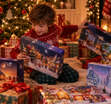 A child kneels under a decorated Christmas tree surrounded by many fictional Advent calendar boxes, comparing them in a warm festive room.