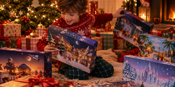 A child kneels under a decorated Christmas tree surrounded by many fictional Advent calendar boxes, comparing them in a warm festive room.