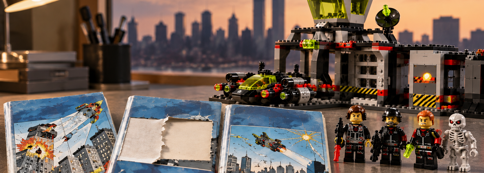 Editorial illustration inspired by LEGO 6776 Ogel Control Centre, with three different instruction variants in the foreground and an Alpha Team-style base behind them.
