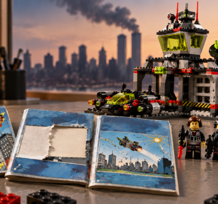 Editorial illustration inspired by LEGO 6776 Ogel Control Centre, with three different instruction variants in the foreground and an Alpha Team-style base behind them.