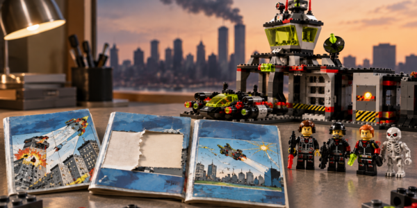 Editorial illustration inspired by LEGO 6776 Ogel Control Centre, with three different instruction variants in the foreground and an Alpha Team-style base behind them.