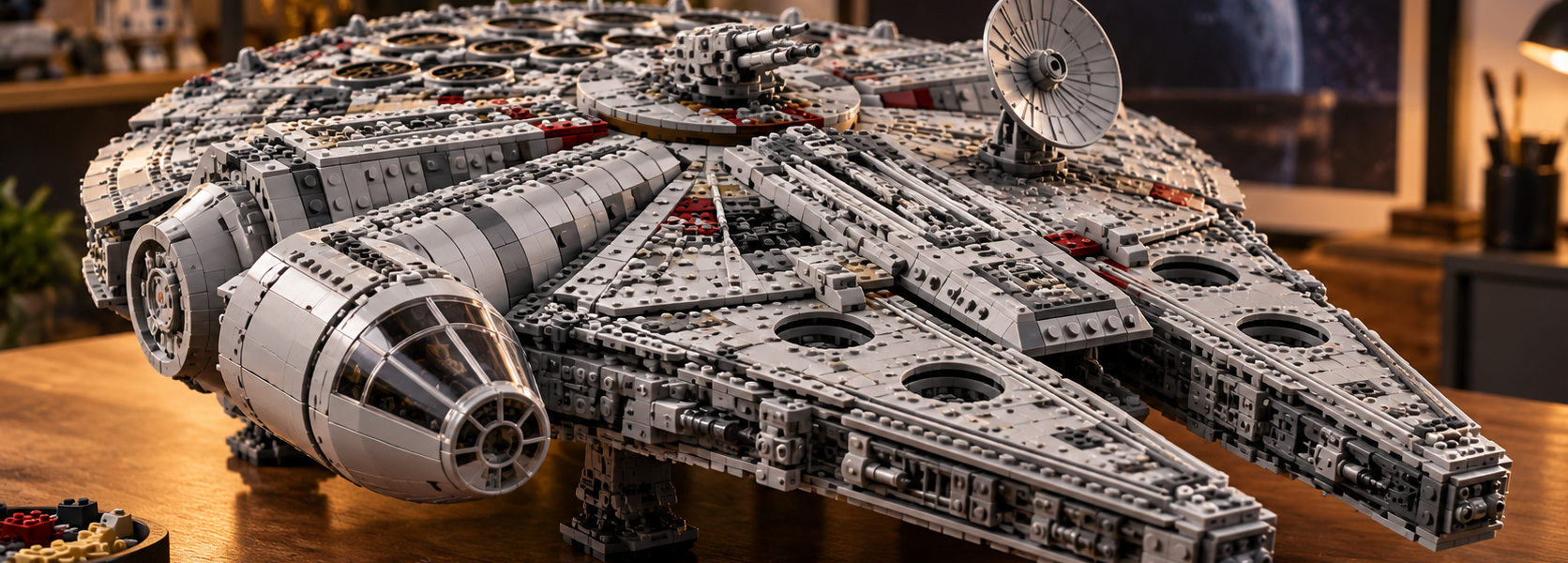 A large gray brick-built spacecraft displayed on a wooden table in a collector-style room.