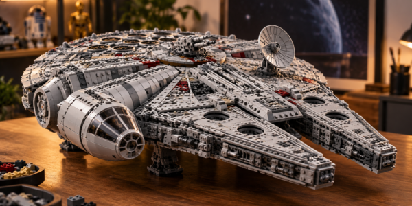 A large gray brick-built spacecraft displayed on a wooden table in a collector-style room.