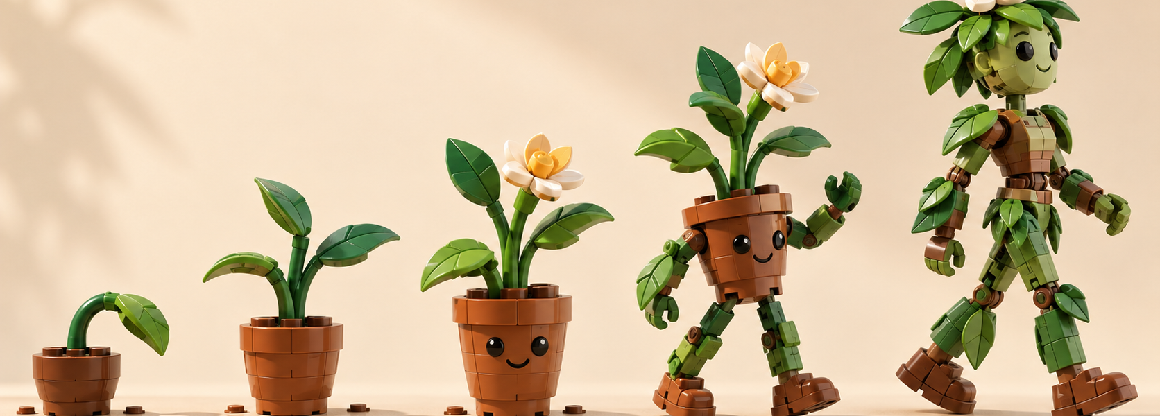 Five brick-built plants shown as an evolution sequence, from a small bent sprout to an upright humanoid plant character.