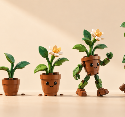Five brick-built plants shown as an evolution sequence, from a small bent sprout to an upright humanoid plant character.