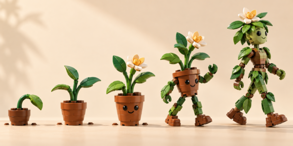Five brick-built plants shown as an evolution sequence, from a small bent sprout to an upright humanoid plant character.