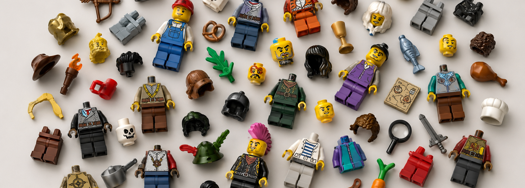 A spread of assorted minifigure parts on a light background, including heads, torsos, legs, hairpieces, helmets and accessories.