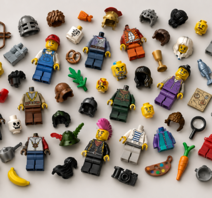 A spread of assorted minifigure parts on a light background, including heads, torsos, legs, hairpieces, helmets and accessories.