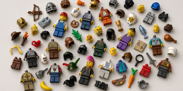 A spread of assorted minifigure parts on a light background, including heads, torsos, legs, hairpieces, helmets and accessories.