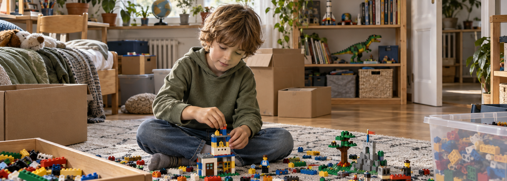 A child sits on the floor in a bright room playing with colorful building bricks, surrounded by boxes and storage bins filled with pieces.