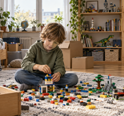 A child sits on the floor in a bright room playing with colorful building bricks, surrounded by boxes and storage bins filled with pieces.