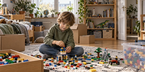 A child sits on the floor in a bright room playing with colorful building bricks, surrounded by boxes and storage bins filled with pieces.