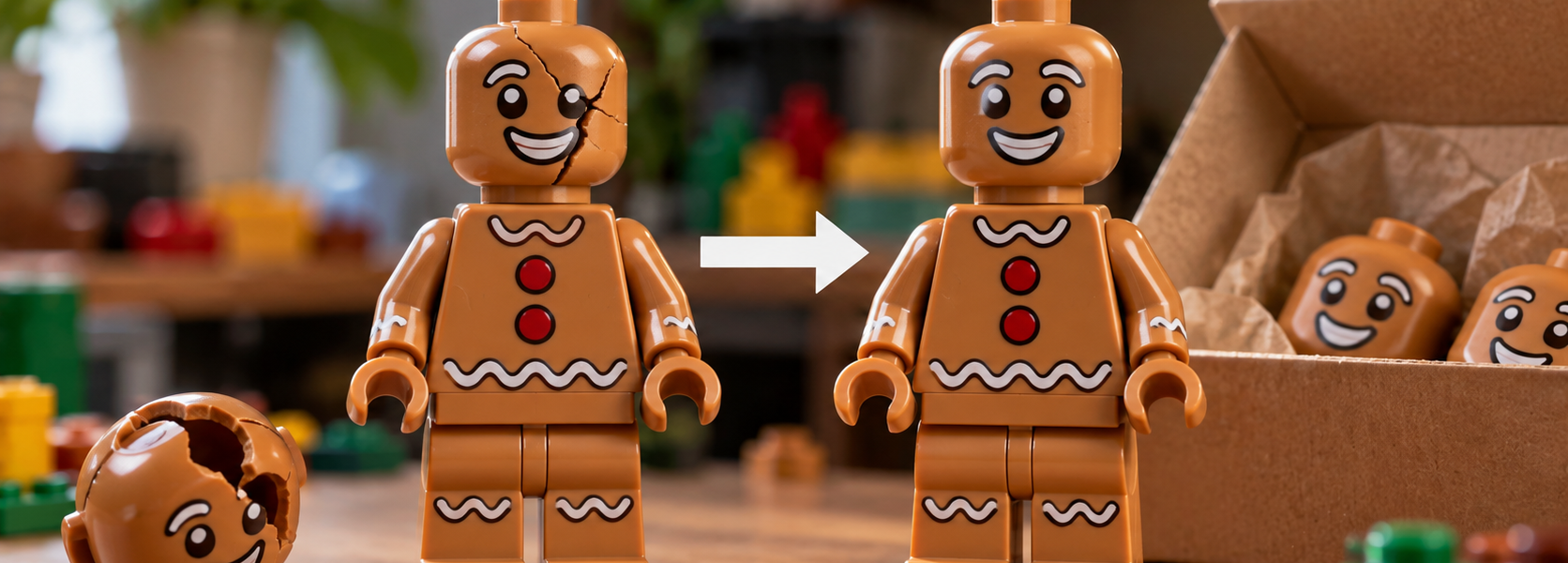 A generic brown brick-built figure with a cracked head element stands beside an identical figure with a new intact replacement head.