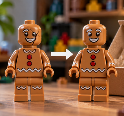 A generic brown brick-built figure with a cracked head element stands beside an identical figure with a new intact replacement head.