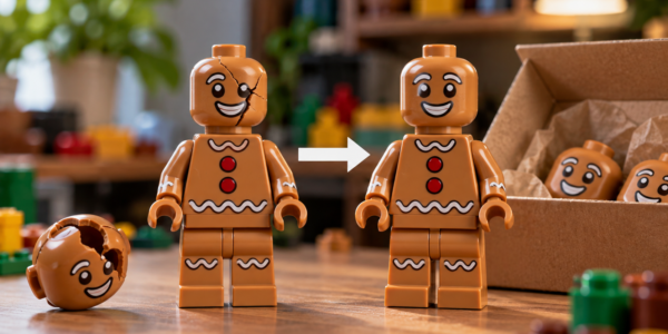 A generic brown brick-built figure with a cracked head element stands beside an identical figure with a new intact replacement head.