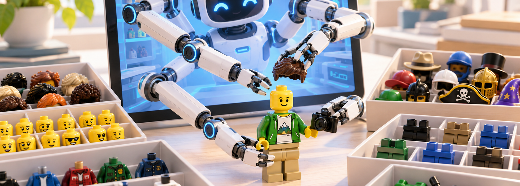 A robot inside a computer screen extends mechanical arms into the real workspace, selects minifigure parts from trays and assembles a finished character on the desk.