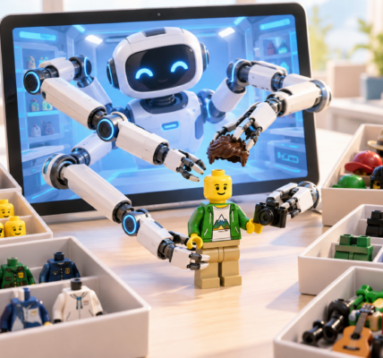 A robot inside a computer screen extends mechanical arms into the real workspace, selects minifigure parts from trays and assembles a finished character on the desk.