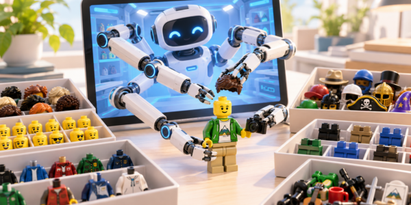 A robot inside a computer screen extends mechanical arms into the real workspace, selects minifigure parts from trays and assembles a finished character on the desk.
