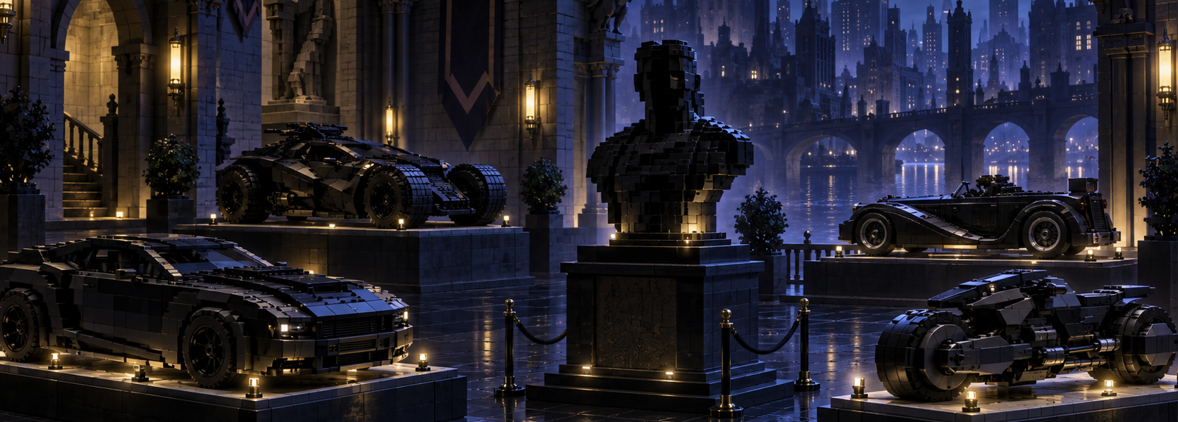 A dark brick-built gallery displays several black vehicles on plinths around a central ominous collectible silhouette, with a gothic city at night in the background.