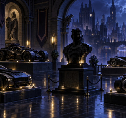 A dark brick-built gallery displays several black vehicles on plinths around a central ominous collectible silhouette, with a gothic city at night in the background.