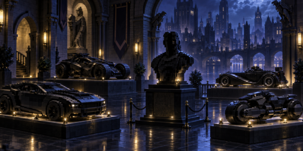 A dark brick-built gallery displays several black vehicles on plinths around a central ominous collectible silhouette, with a gothic city at night in the background.