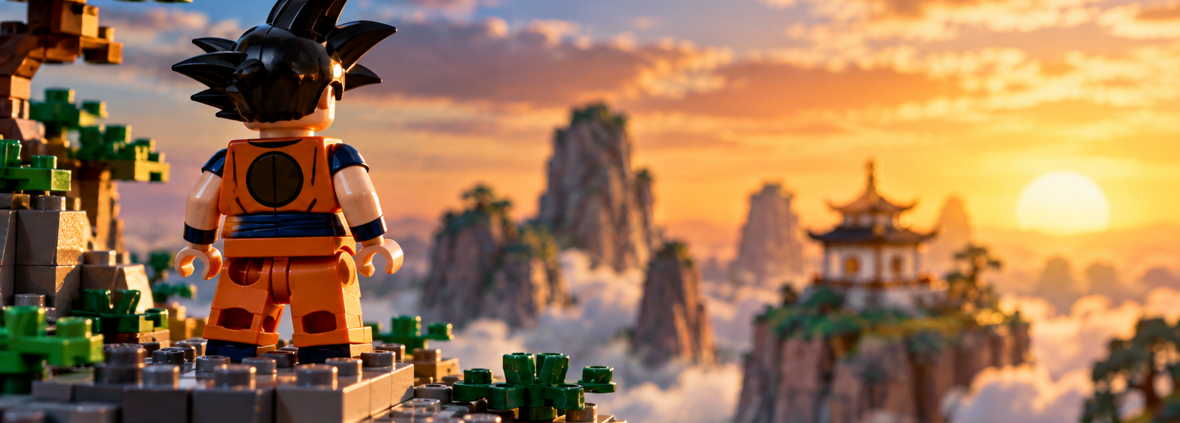 An orange-clad brick-built martial artist stands on a rocky outcrop overlooking mountains and a small temple at sunset.
