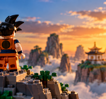 An orange-clad brick-built martial artist stands on a rocky outcrop overlooking mountains and a small temple at sunset.