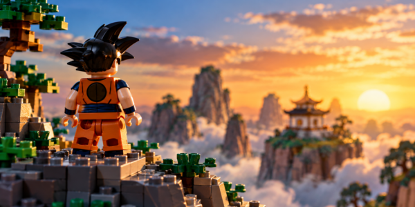 An orange-clad brick-built martial artist stands on a rocky outcrop overlooking mountains and a small temple at sunset.