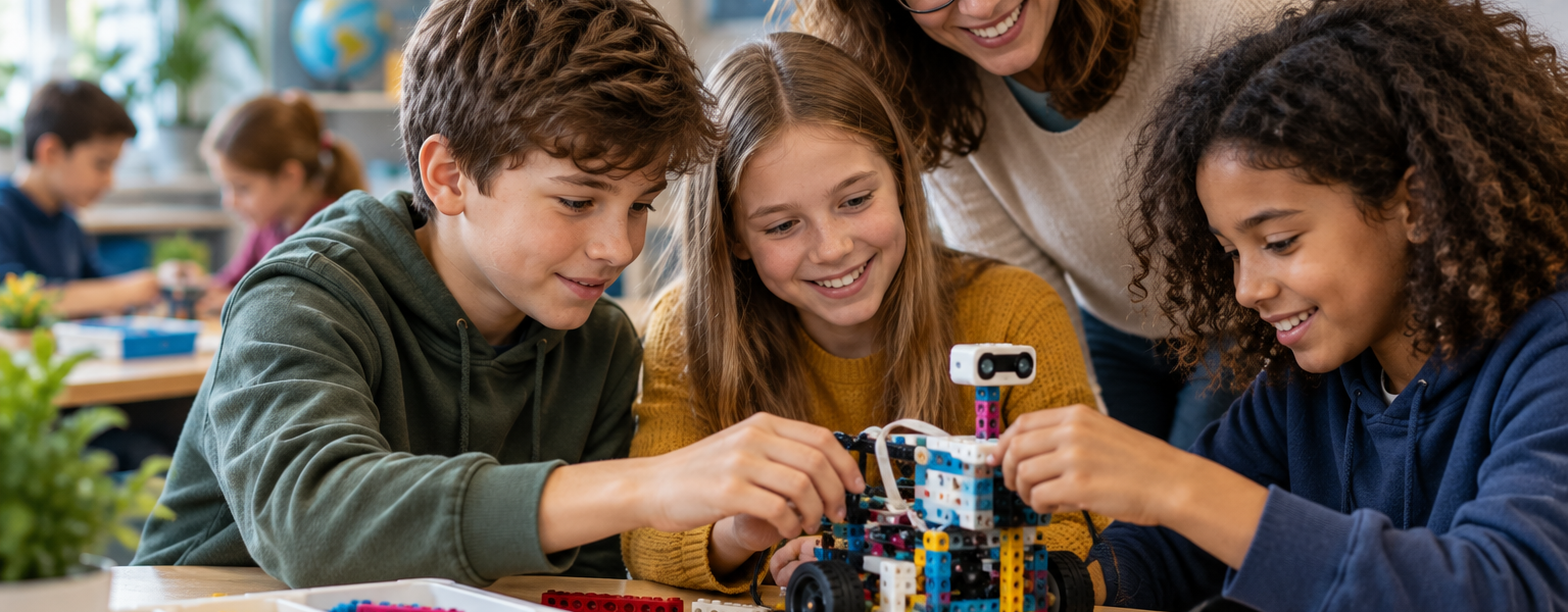 A teacher and three students collaboratively build an educational robot from colorful bricks at a table in a modern classroom.