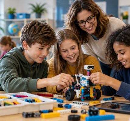 A teacher and three students collaboratively build an educational robot from colorful bricks at a table in a modern classroom.