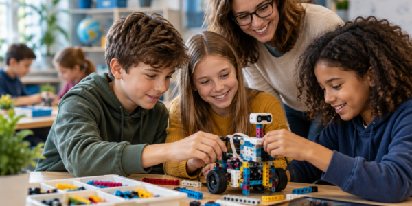A teacher and three students collaboratively build an educational robot from colorful bricks at a table in a modern classroom.