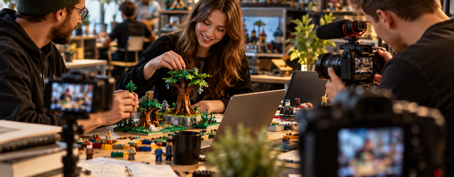 Several creators work in a warm studio around brick-built models, cameras, laptops and notebooks, blending traditional fan media with modern video creation.