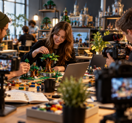 Several creators work in a warm studio around brick-built models, cameras, laptops and notebooks, blending traditional fan media with modern video creation.