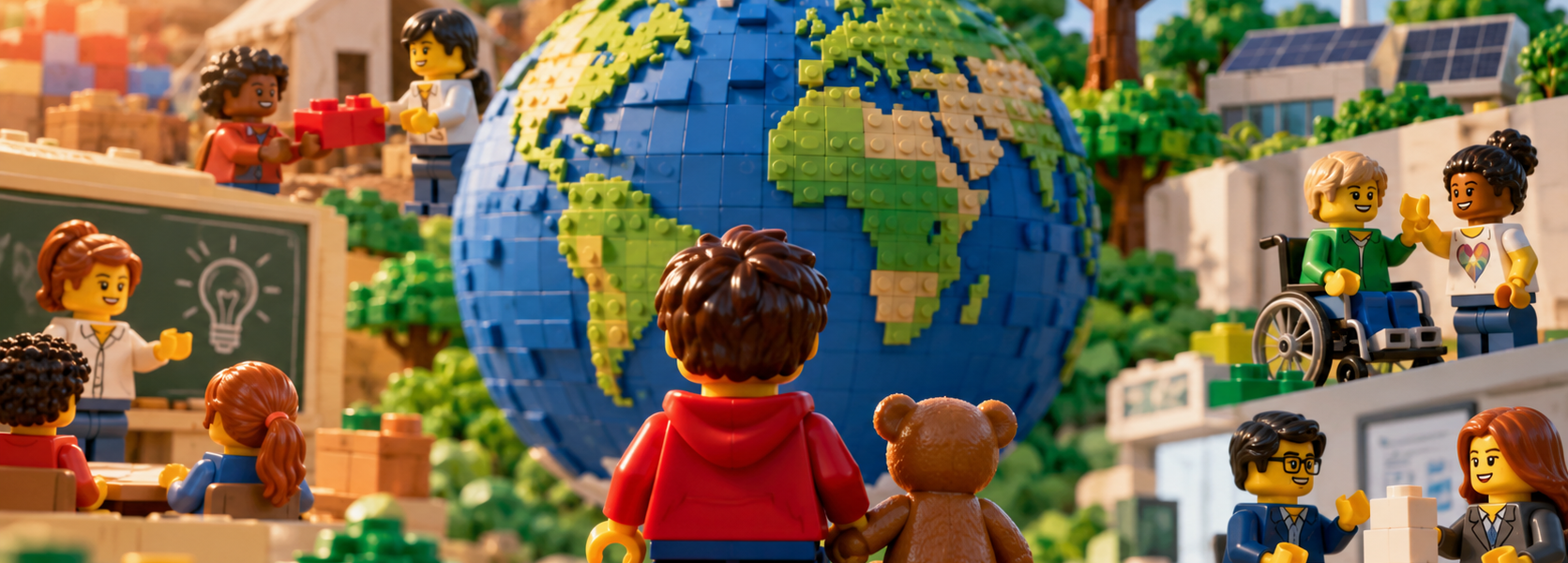 A child and teddy bear looking at a brick-built globe surrounded by scenes of education, collaboration, accessibility and environmental action.