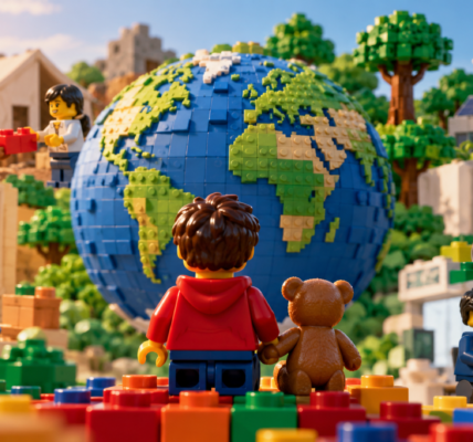A child and teddy bear looking at a brick-built globe surrounded by scenes of education, collaboration, accessibility and environmental action.