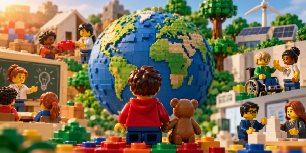 A child and teddy bear looking at a brick-built globe surrounded by scenes of education, collaboration, accessibility and environmental action.