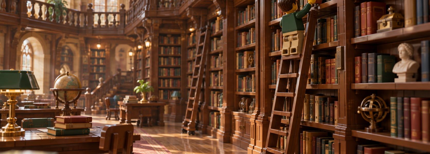 An old multi-level library with wooden shelves and ladders, with a LEGO-style minifigure standing on a ladder and reaching for a book.